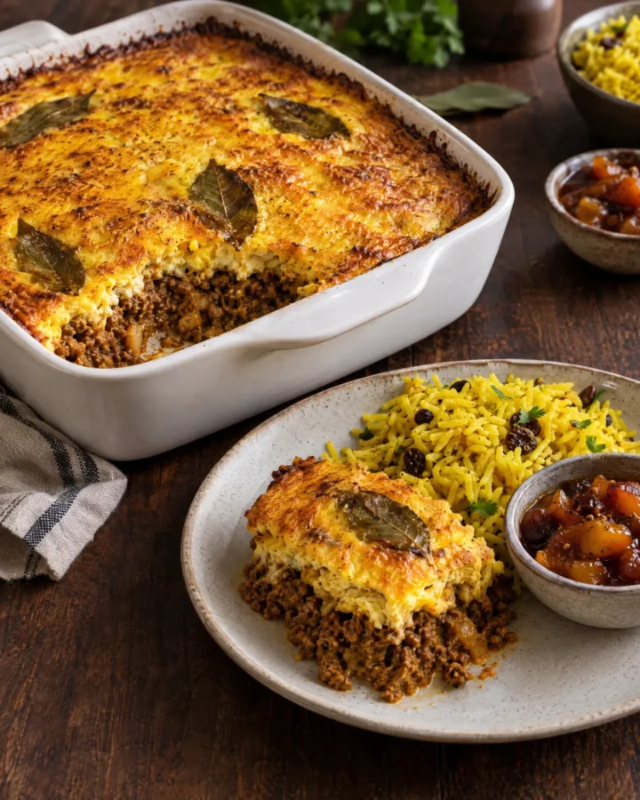 Bobotie with a golden custard topping, yellow rice and chutney