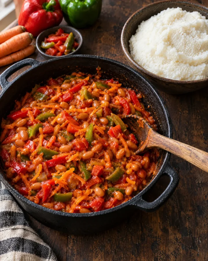 A pot of chakalaka with pap