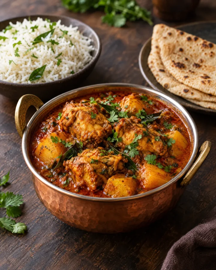 Durban chicken and potato curry with rice and roti