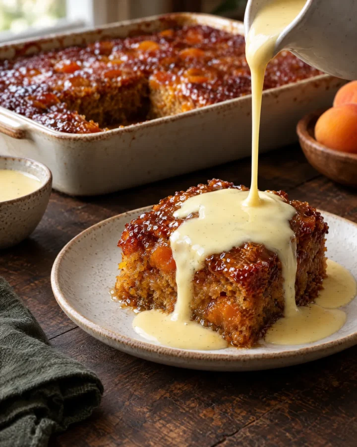 Malva pudding with custard poured over