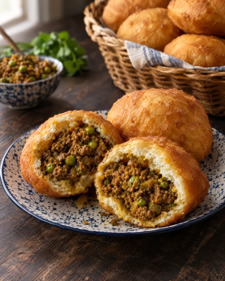 Vetkoek filled with curried mince
